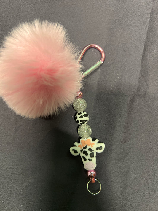 Pink Cow Pom Pom Keychain