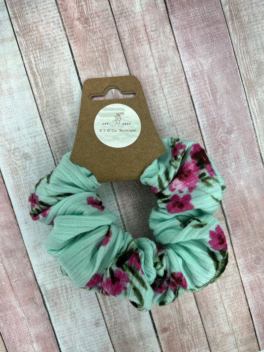 Mint Floral Ribbed Scrunchie